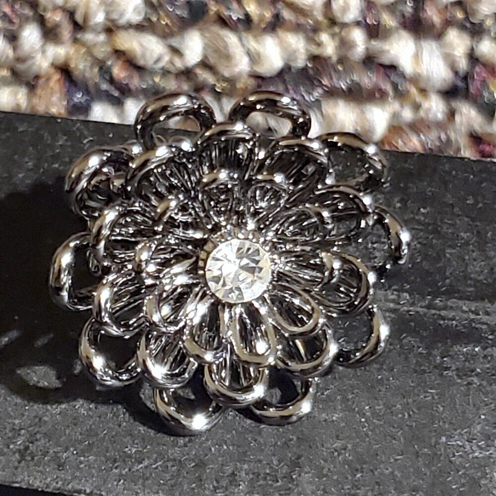 Gunmetal Black Clear Crystal Big Flower Edgy Stretch Statement Cocktail Ring